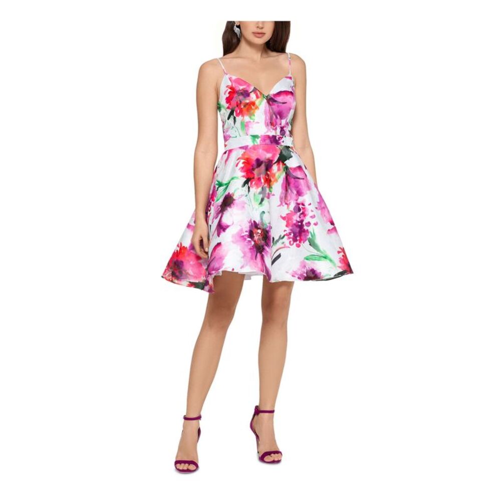 XSCAPE Womens Fit + Flare Short Dress Pink Spaghetti Strap Party Juniors 4